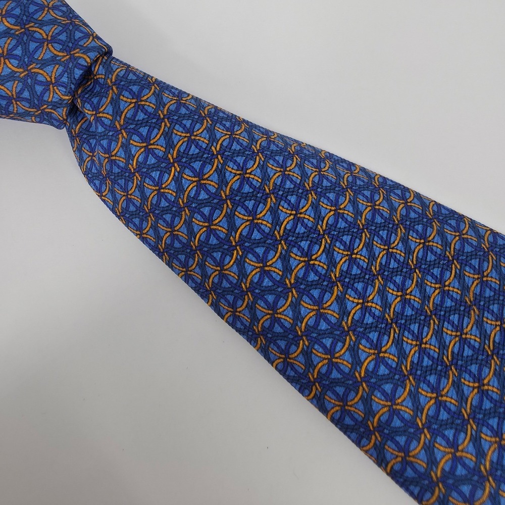 Castangia Silk Geometric Ring Print Necktie Mens Blue Orange Made‎ in Italy